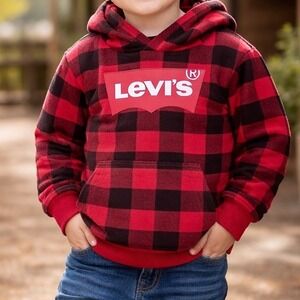 Kids Levi's Red Black Buffalo Plaid Hoodie Sweatshirt Size 3T
